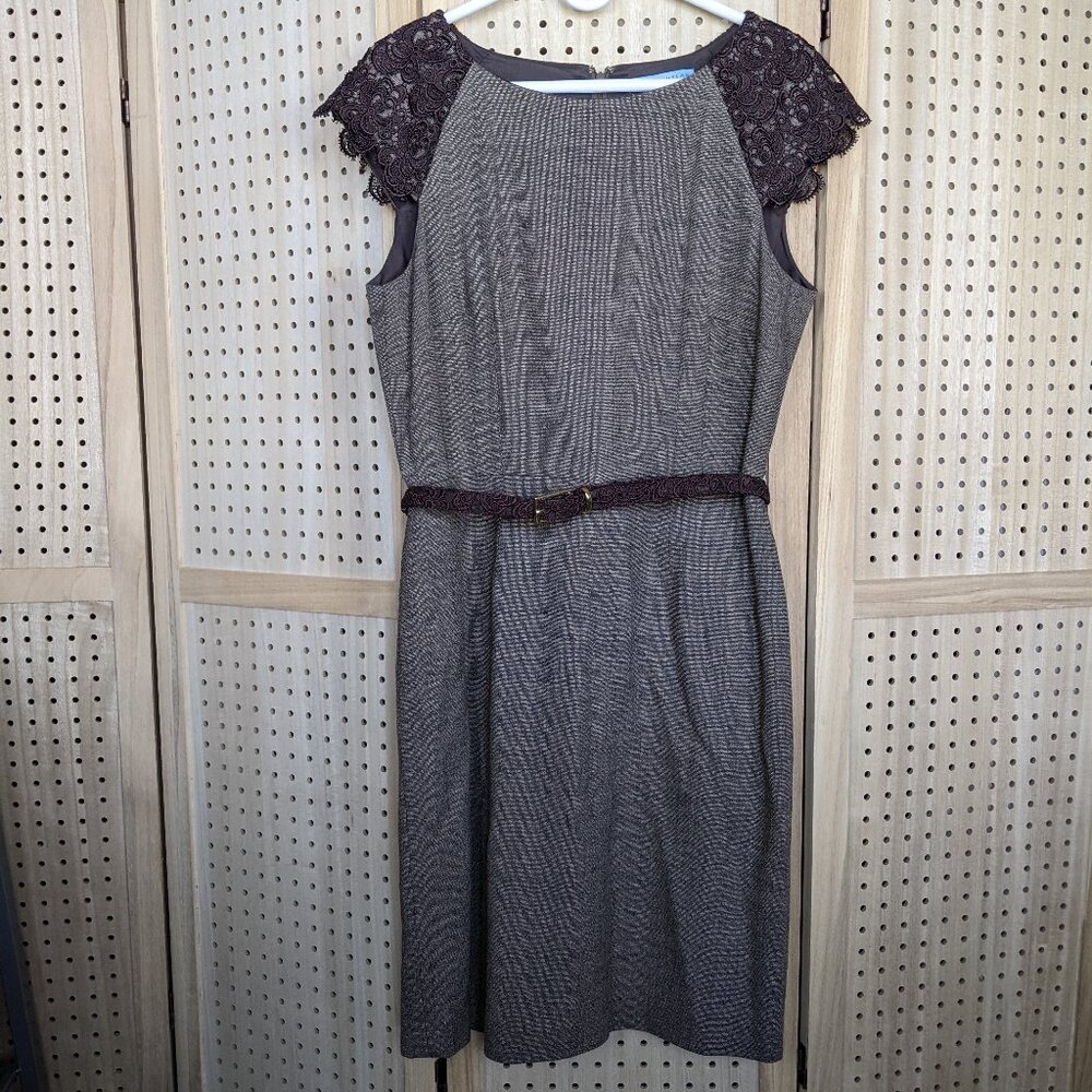 Antonio Melani wool dress with cap sleeves, lace trim and belt, size 12